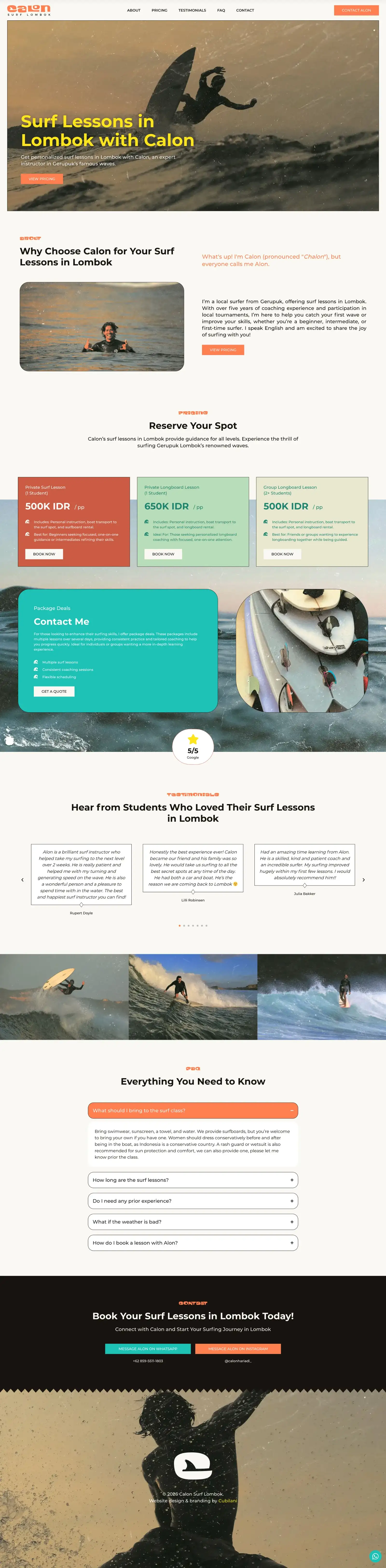 The Calon Surf website, branding and web design by Cubilani for a surf coach in Lombok