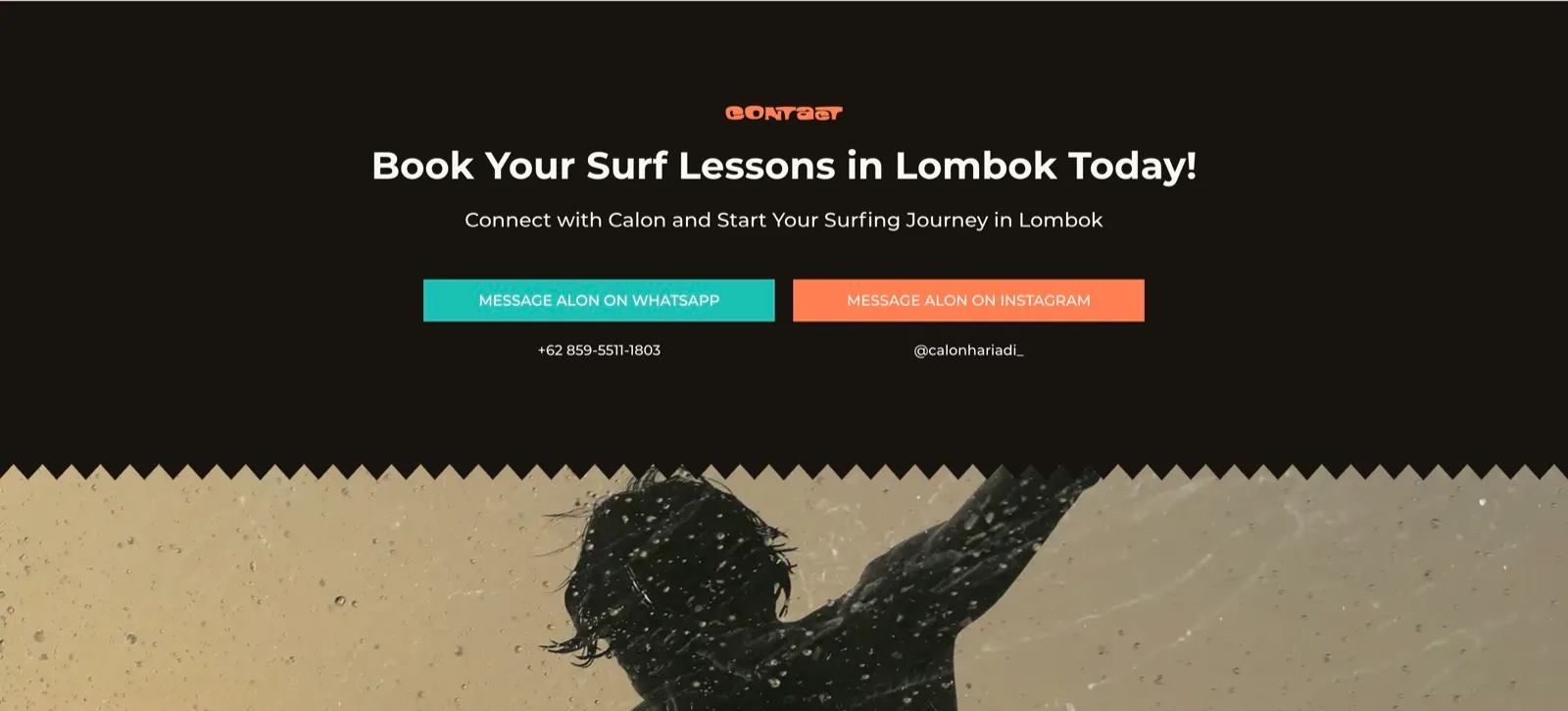 The closing section of the Calon Surf website, with buttons to message Calon on WhatsApp and Instagram