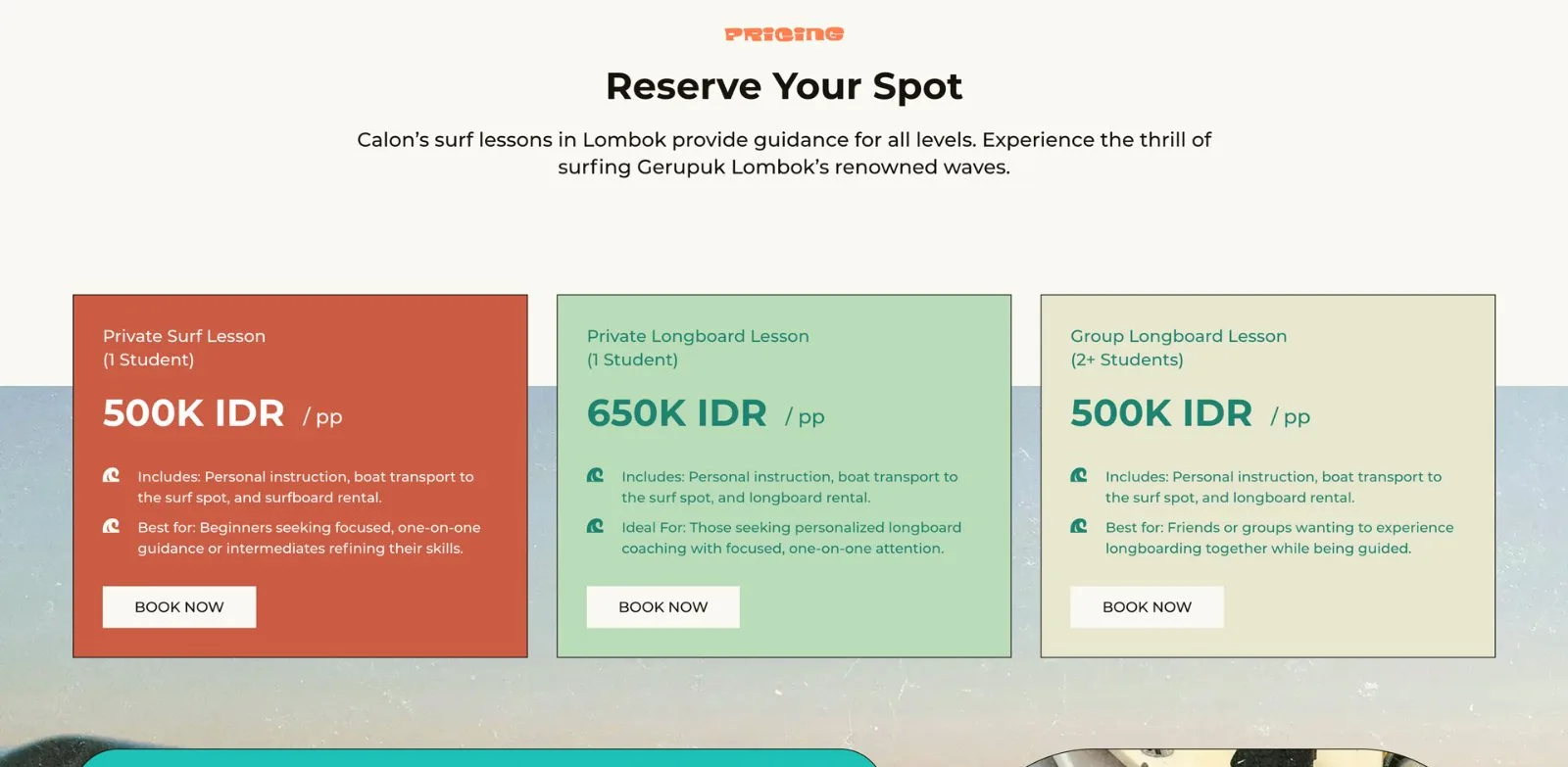 The pricing section of the Calon Surf website: three lessons with their prices, each with a Book now button