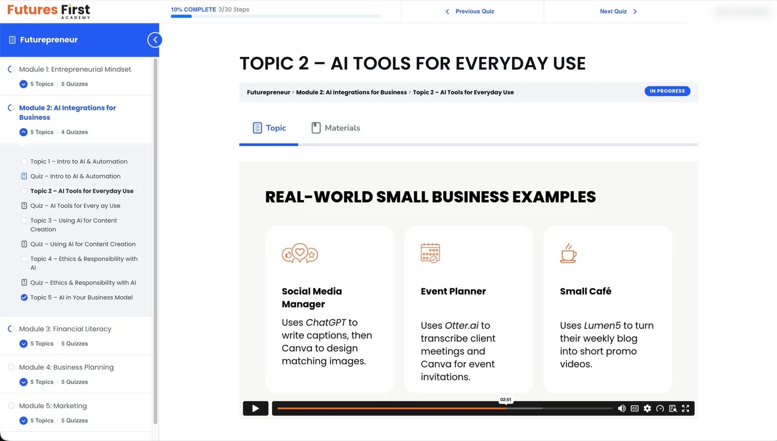 A Futurepreneur lesson on the Futures First Academy course platform: Topic 2, AI tools for everyday use, with the course modules listed on the left