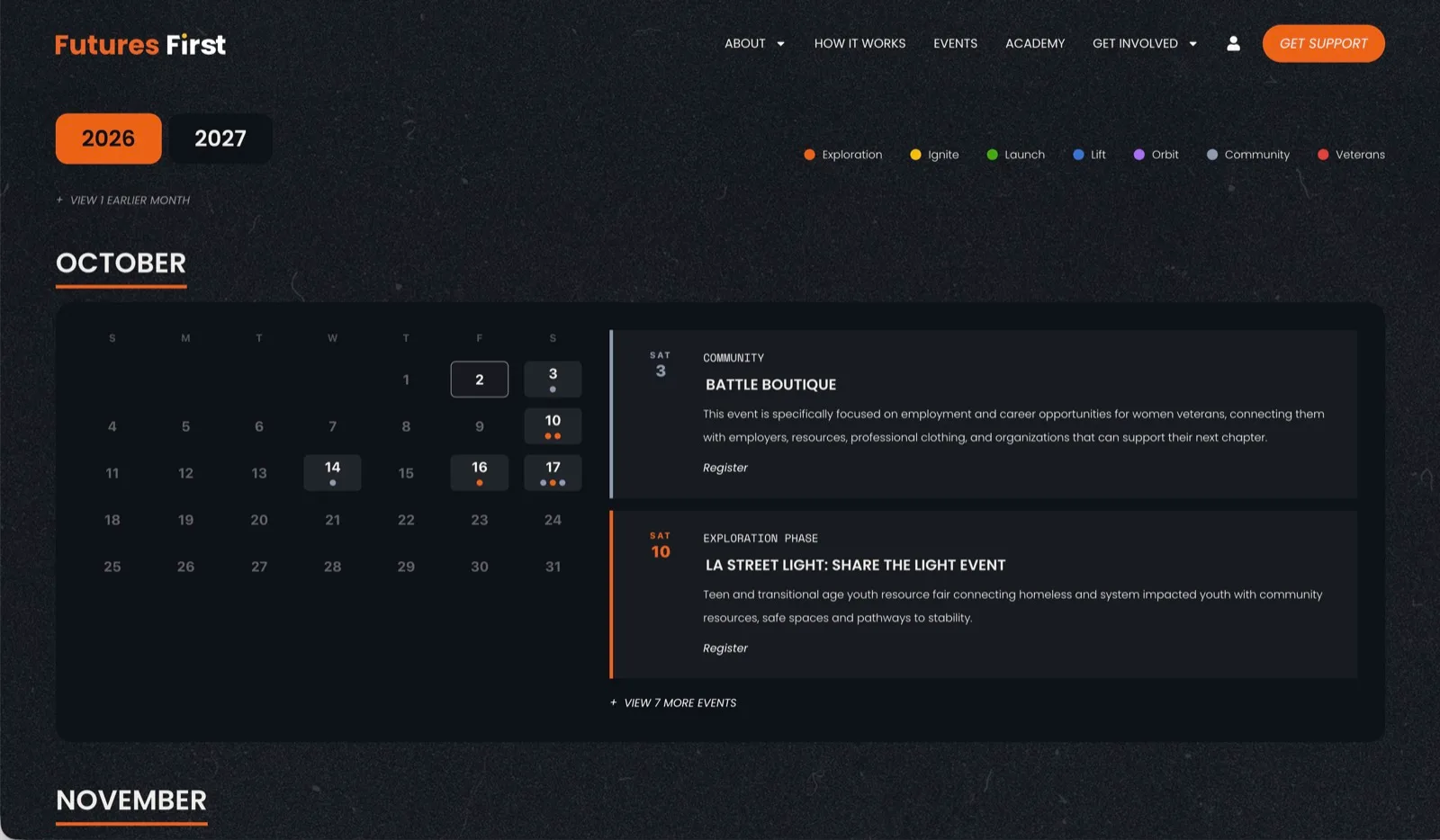 The Futures First events calendar for October 2026: a month view with coloured dots for each stage, and two community events beside it, each with its own Register link