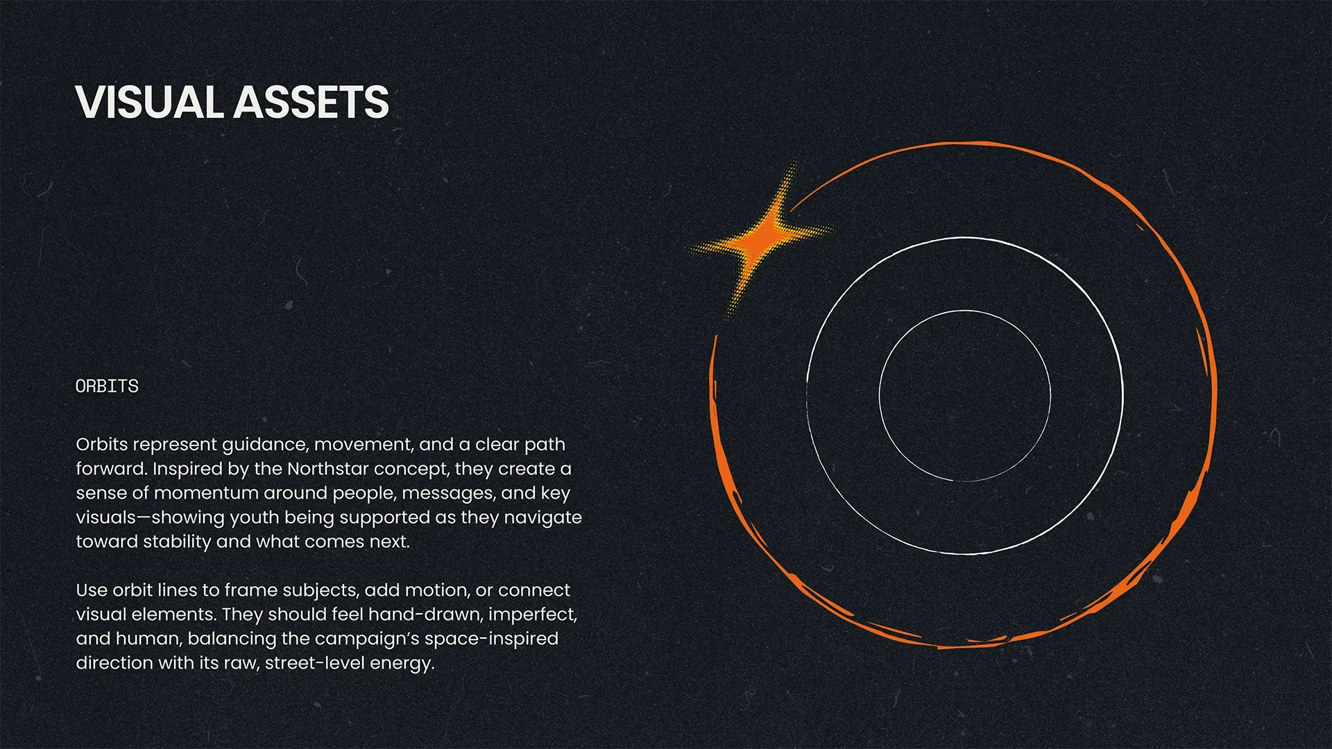 Futures First brand guidelines, visual assets: a hand-drawn orange orbit around two white circles, with a halftone orange star