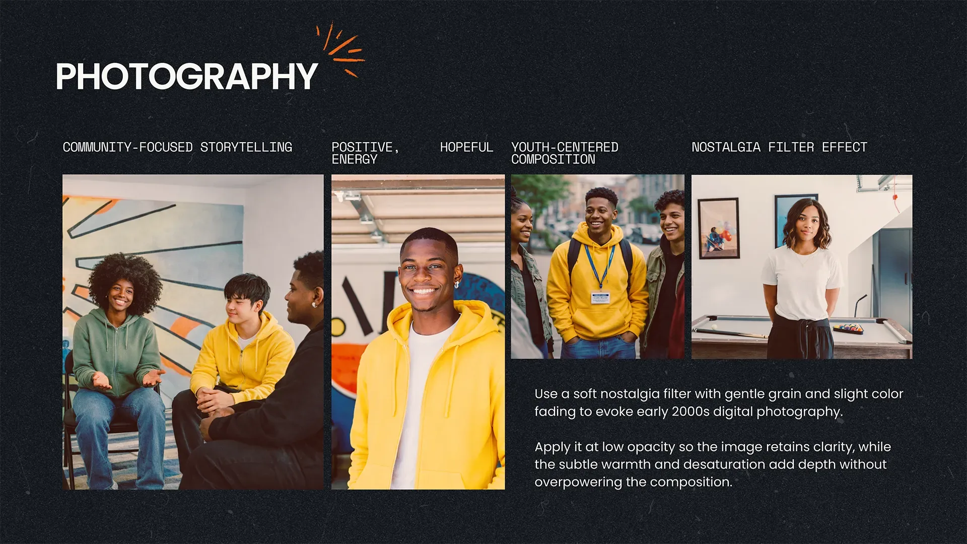 Futures First brand guidelines, photography: four warm, slightly faded photos of young people in Long Beach, with notes on community, hopeful energy, youth-centred composition and the nostalgia filter
