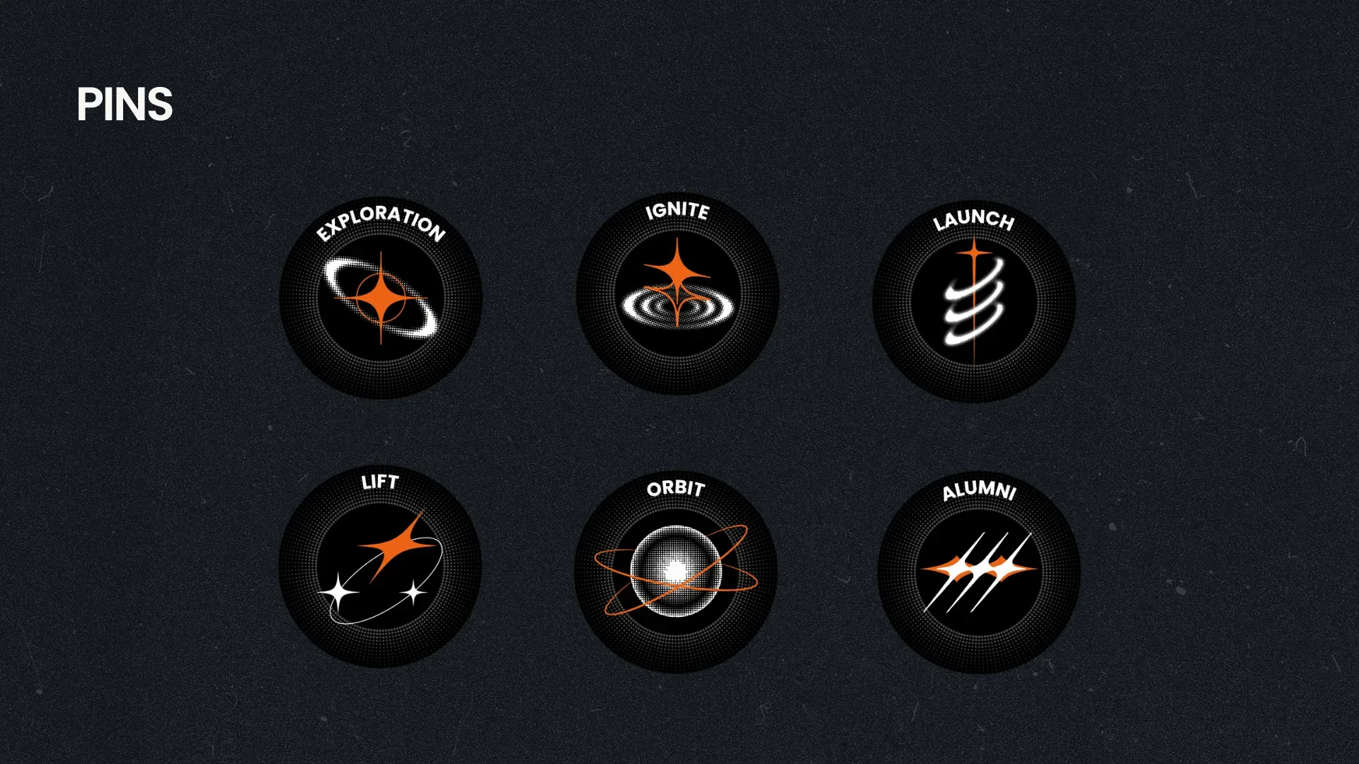 The six Futures First pins on black: Exploration, Ignite, Launch, Lift, Orbit and Alumni, each with orange and white halftone stars and orbits