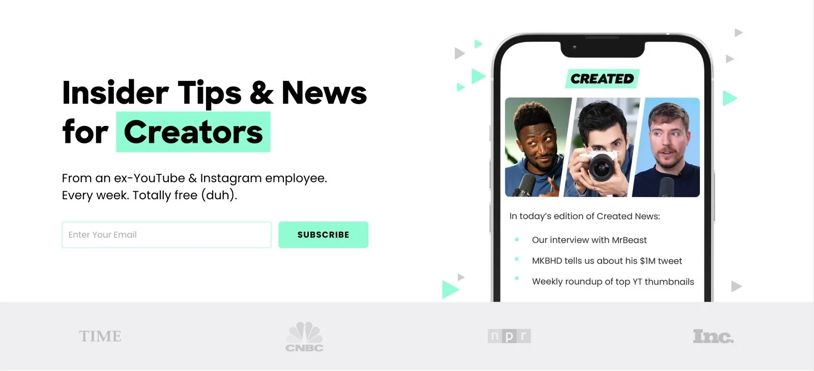 created.news before the rebuild: the same hero on a white page, with rounded black headlines, a mint box behind Creators and grey and green triangles around the phone