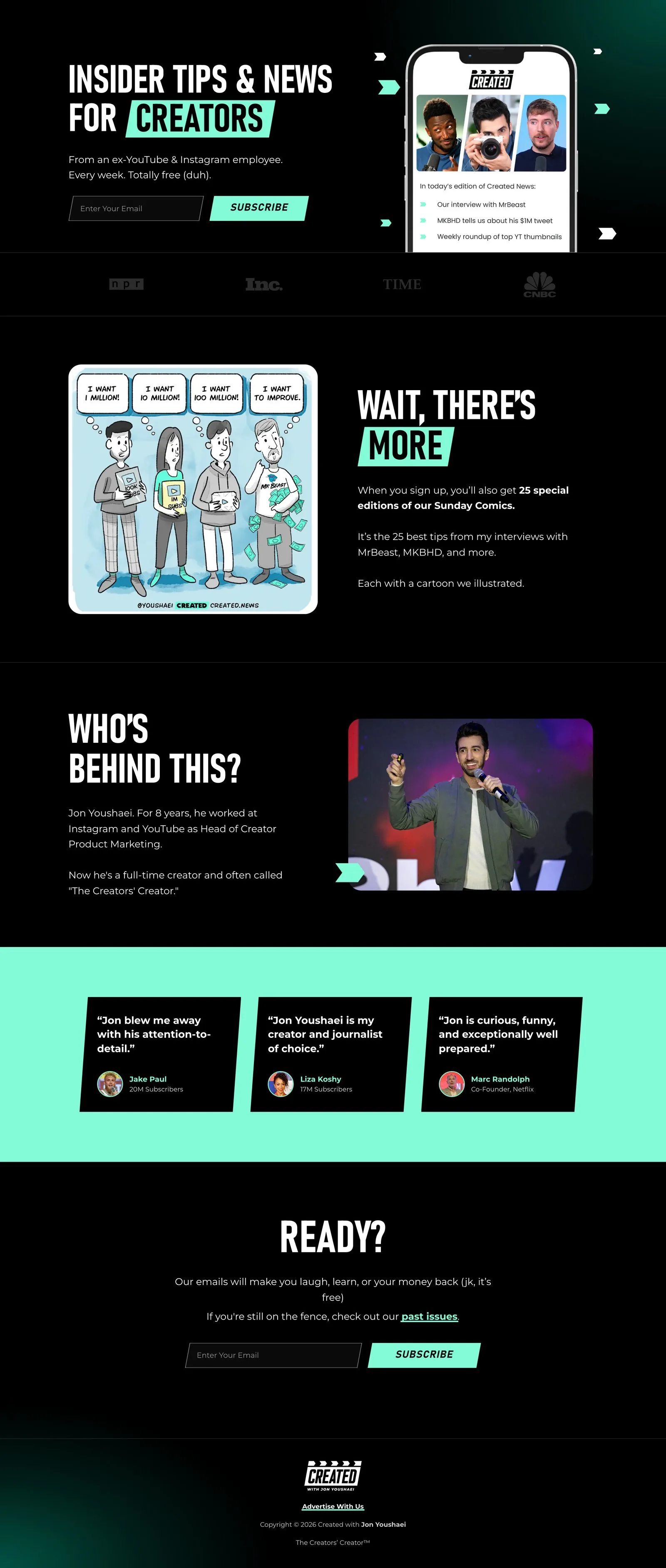 The whole created.news home page in the new CREATED brand: the sign-up hero with the phone, the press logos, the Sunday Comics slider, the creators' testimonials and a last sign-up form