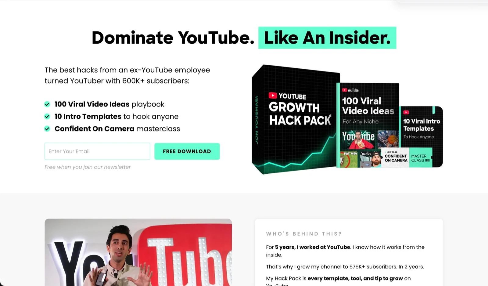 ythackpack.com, the free toolkit Jon Youshaei gives to viewers who join his newsletter, built by Cubilani