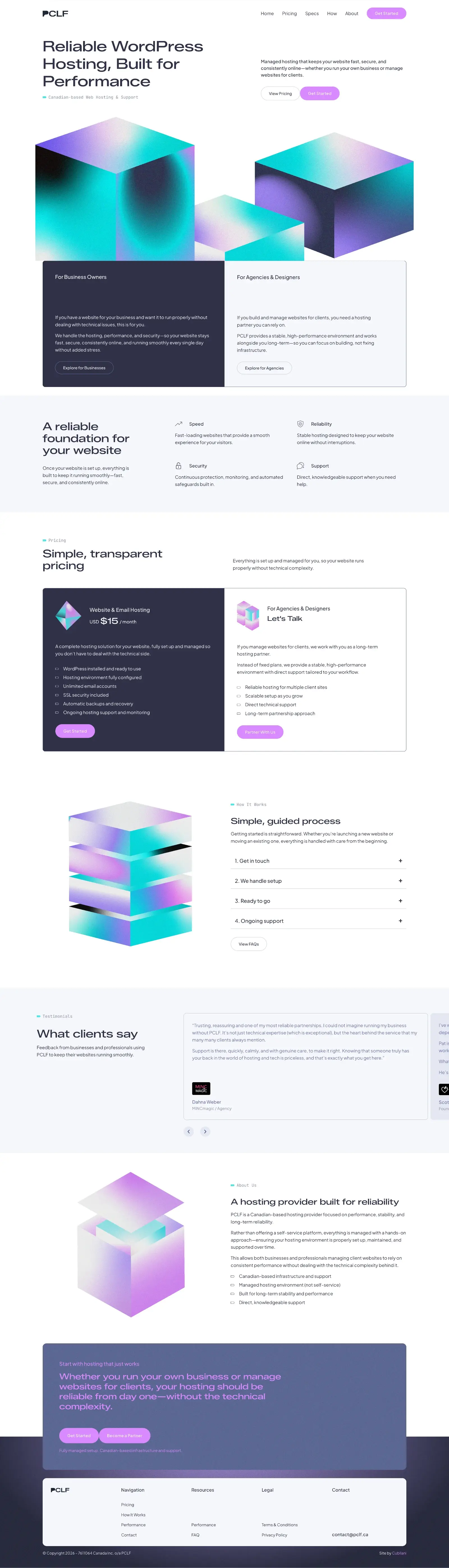 PCLF’s new website, with its brand of grainy 3D cubes, on a desktop and a phone