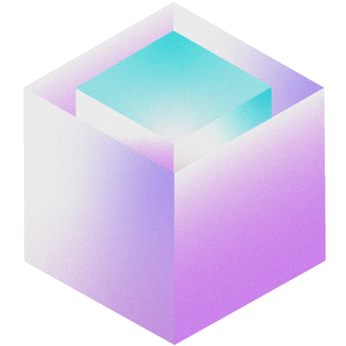 A PCLF brand graphic: an open grainy 3D box in white and violet, with a cyan cube inside, a box where your things live