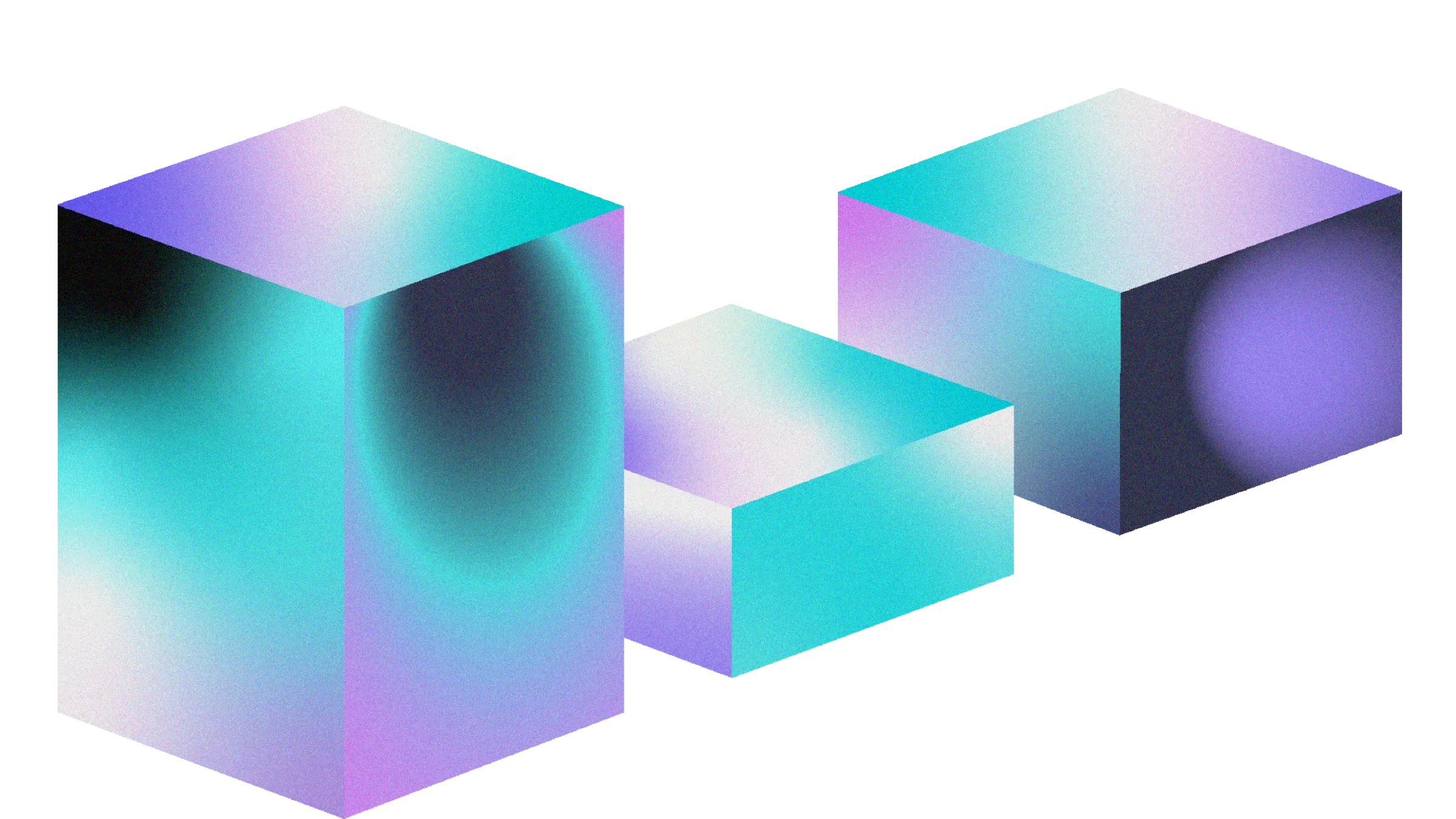 Three grainy 3D cubes from the PCLF brand, in cyan, violet and pink, with a Y2K feel