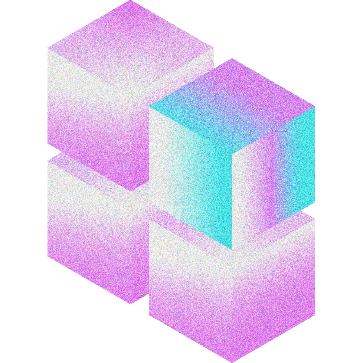 A PCLF brand graphic for agencies: four grainy pink cubes stacked together, one turned cyan
