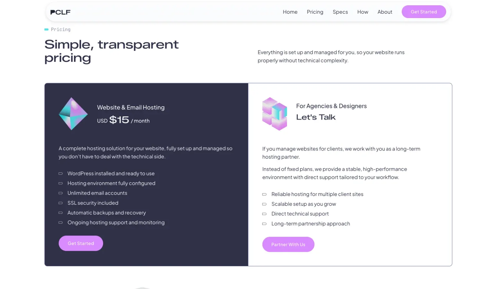 The pricing section of the PCLF website: the two audiences side by side, Get Started for business owners on the left and a partnership for agencies and designers, Partner With Us, on the right