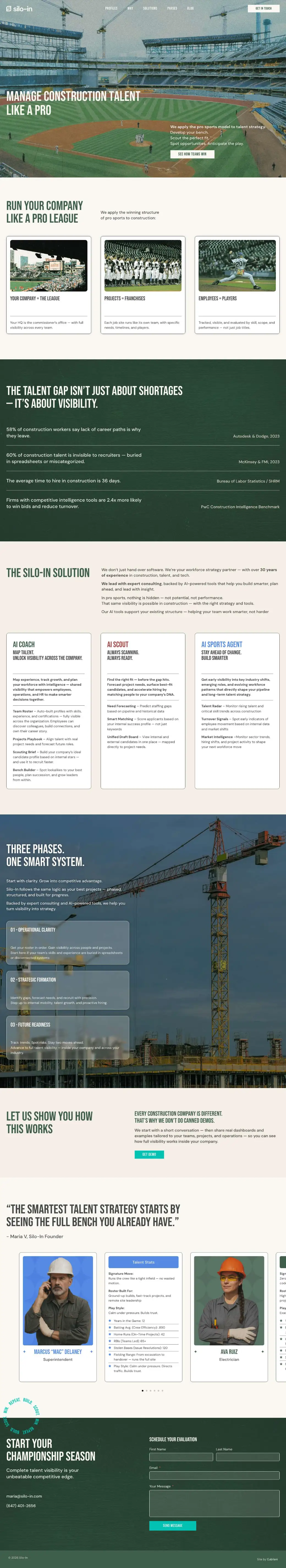 The Silo In website, branding and landing page design by Cubilani for a construction talent data company